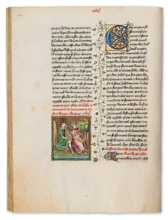 Illuminated page from a medieval manuscript depicting the descendants of Cain, with a small miniature of figures in a landscape set among tightly written columns of text, ornamental initials, and marginal decoration.