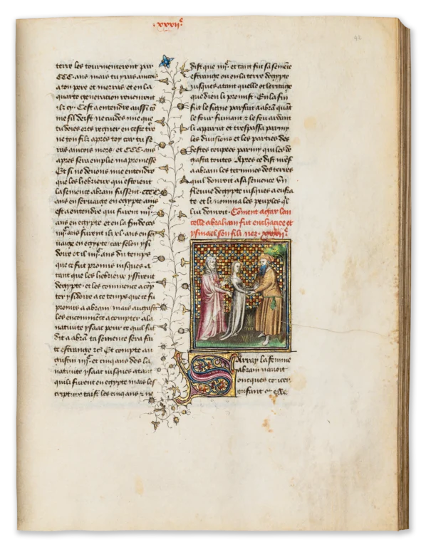 Illuminated page from a medieval manuscript illustrating Sarah giving Hagar to Abraham, with three standing figures in a richly colored miniature framed by Gothic script and illuminated initials.