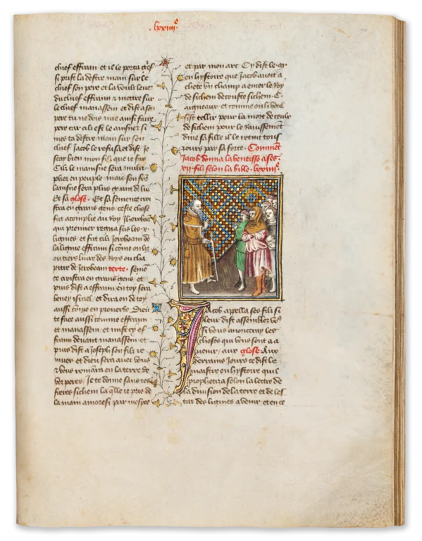 Illuminated page from a medieval manuscript showing Jacob and his sons gathered in an architectural setting, illustrated within a framed miniature embedded in dense columns of Gothic text with illuminated initials and floral decoration.
