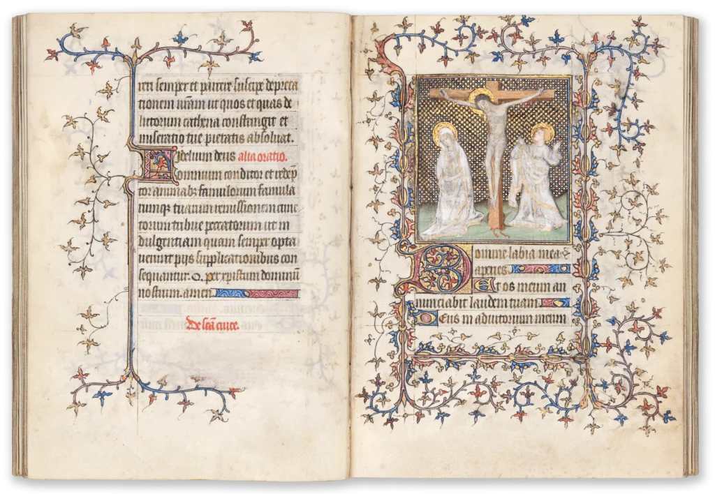 Illuminated medieval manuscript page from the 15th century with a miniature depicting the Crucifixion of Jesus Christ.