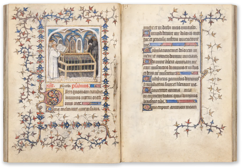 Illuminated medieval manuscript page from the 15th century with a miniature depicting a funeral service.