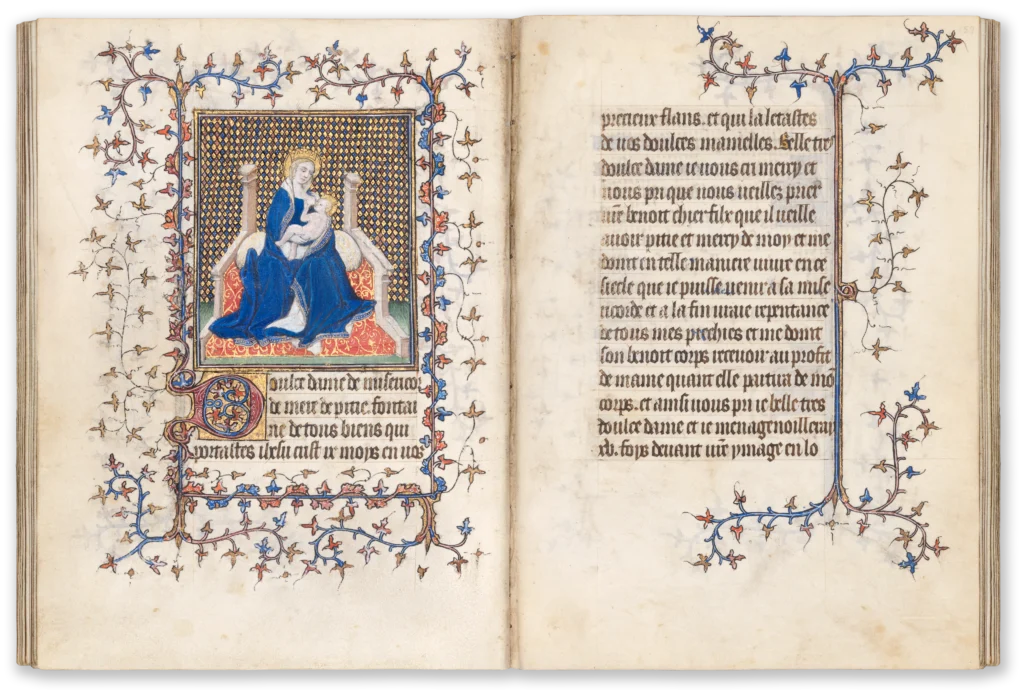 Illuminated medieval manuscript page from the 15th century with a miniature depicting the Virgin Mary and the Christ Child on a throne.