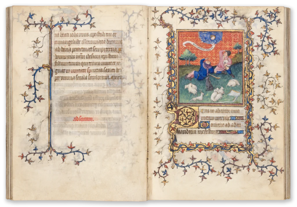 Illuminated medieval manuscript page from the 15th century with a miniature depicting the annunciation of the birth of the messiah to the shepherds.