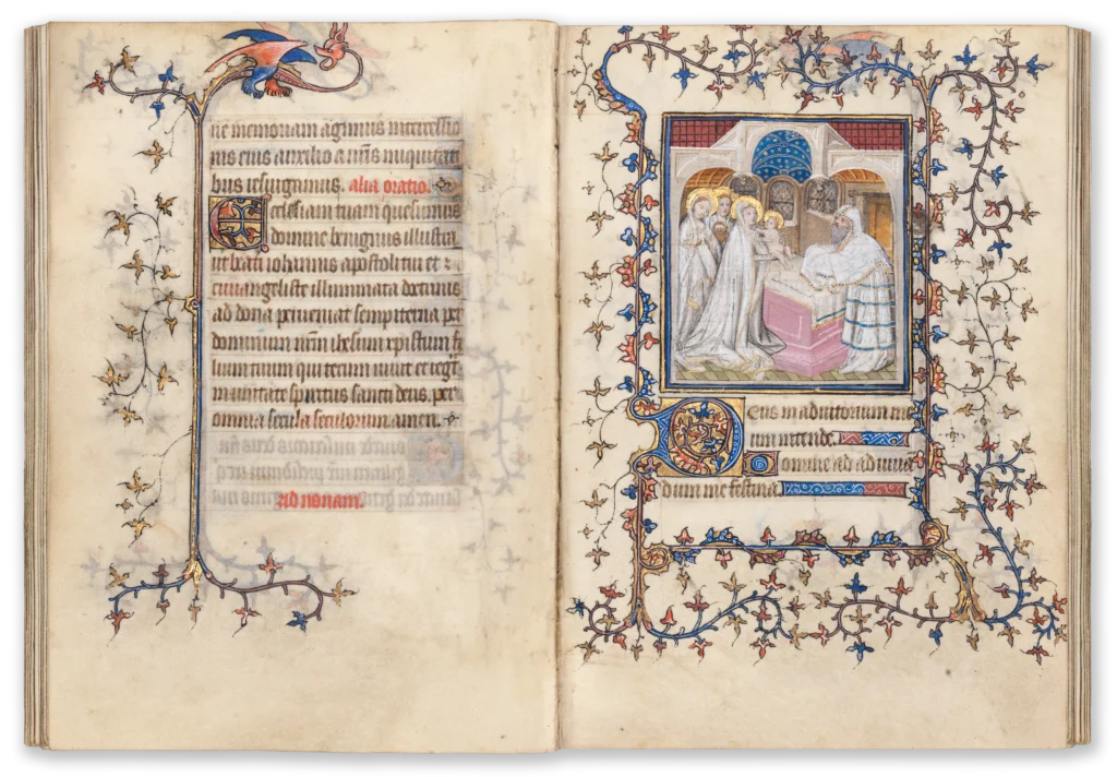 Illuminated medieval manuscript page from the 15th century with a miniature depicting the presentation of the Christ Child in the temple.
