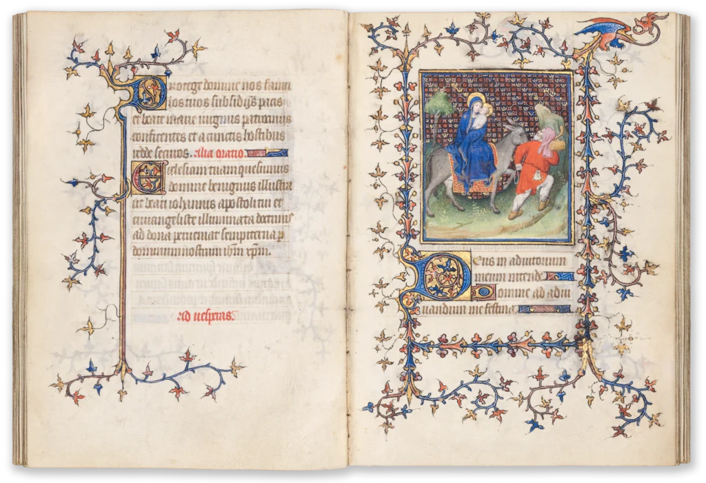 Illuminated medieval manuscript page from the 15th century depicting a miniature of the Virgin Mary, Joseph and the Christ Child traveling to Egypt on a donkey.