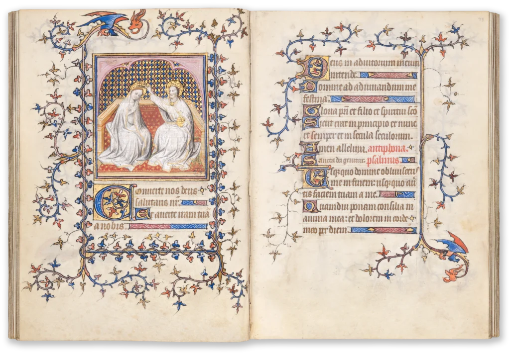 Illuminated medieval manuscript page from the 15th century with a miniature depicting the coronation of the Virgin Mary.