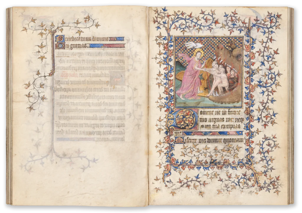 Illuminated medieval manuscript page with a miniature depicting the harrowing of hell, with lost souls being swallowed by a monster.