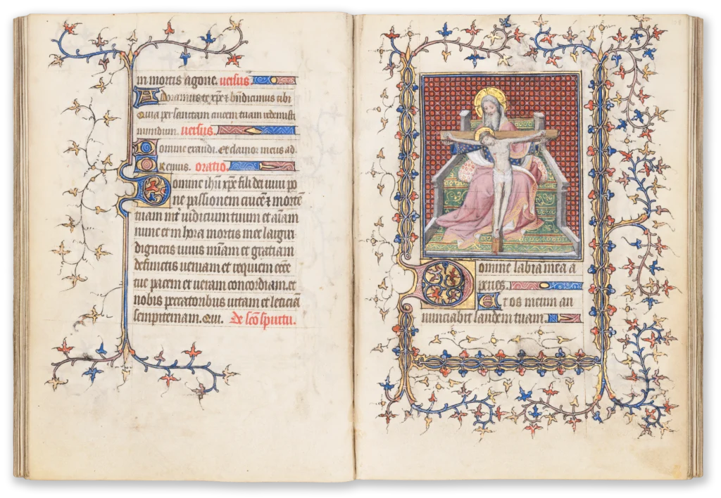 Illuminated medieval manuscript page from the 15th century with a miniature depicting the holy trinity, God the father, his son Jesus Christ and the Holy Ghost.