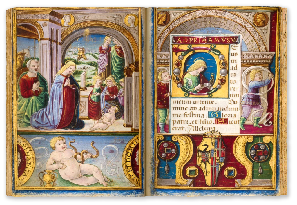 RIchly illuminated Renaissance manuscript with a depiction of the nativity on colorfully decorated pages.