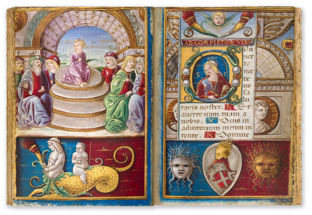 Richly illuminated Renaissance manuscript opening with the depiction of Christ among the Doctors seated in the temple on a dais, gesturing and discussing in the middle of six men of mixed ages.