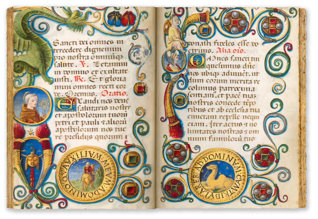 Richly illuminated Renaissance manuscript opening with dragons, medaillons and other beautiful decoration.
