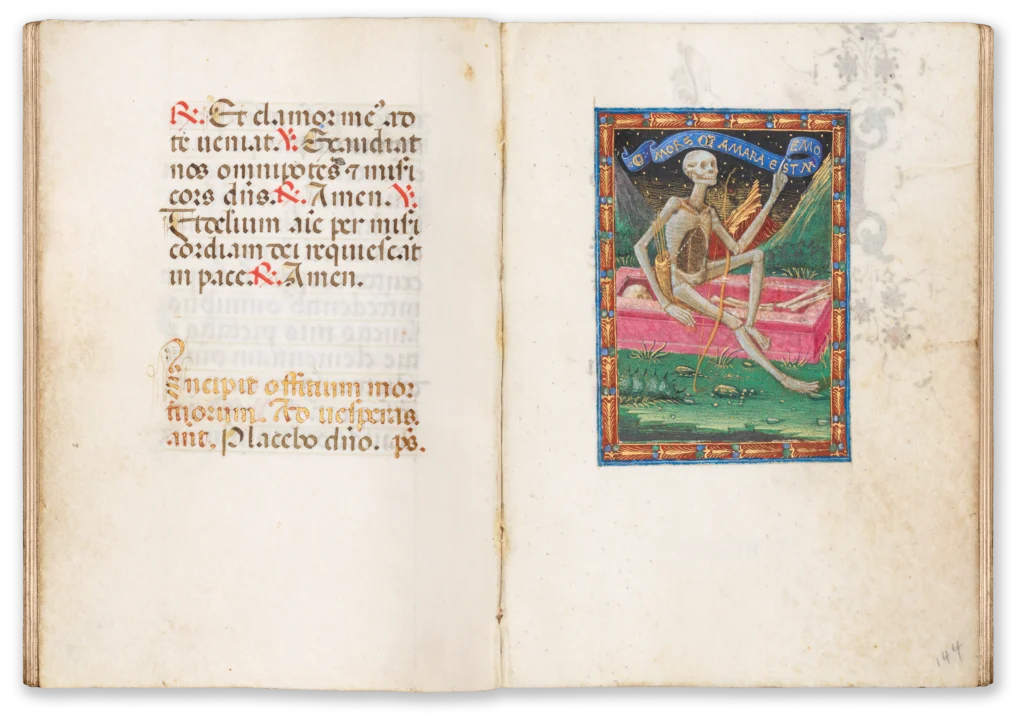 Illuminated Renaissance manuscript of the 15th century with a beautifully decorated depiction Death as a grinning skeleton..