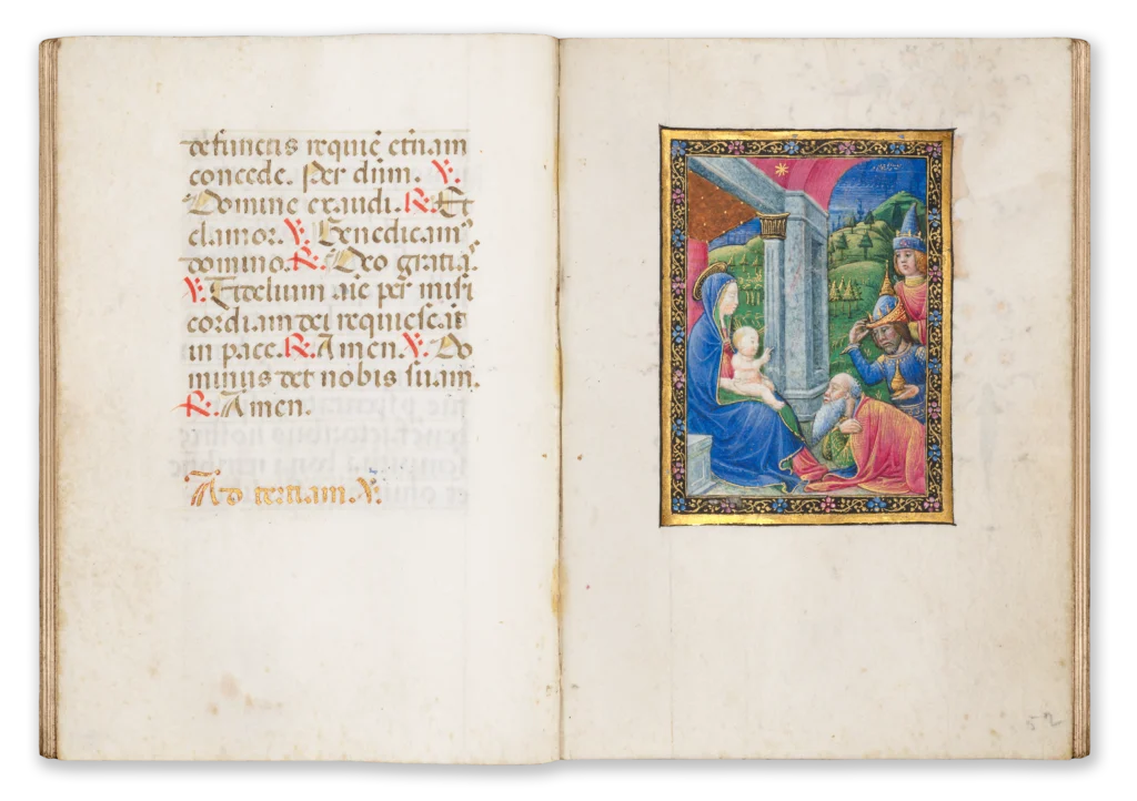 Illuminated Renaissance manuscript of the 15th century with a beautifully decorated depiction of the Adoration of the Magi.