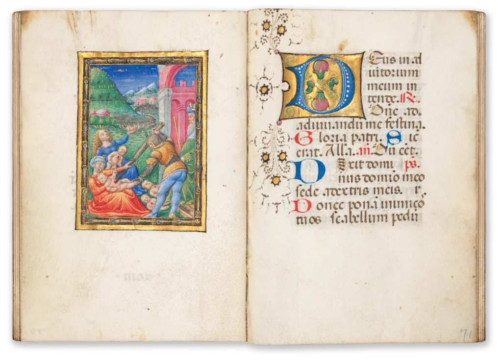 Illuminated Renaissance manuscript opening with a vivid depiction of the Massacre of the Innocents.