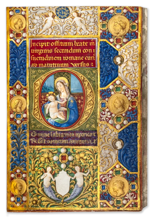Illuminated renaissance manuscript page from the 16th century containing a miniature of the Virgin Mary and Baby Jesus in four-sided border decoration with dense acanthus tendrils, interspersed with jewels, pearls and gold coins.