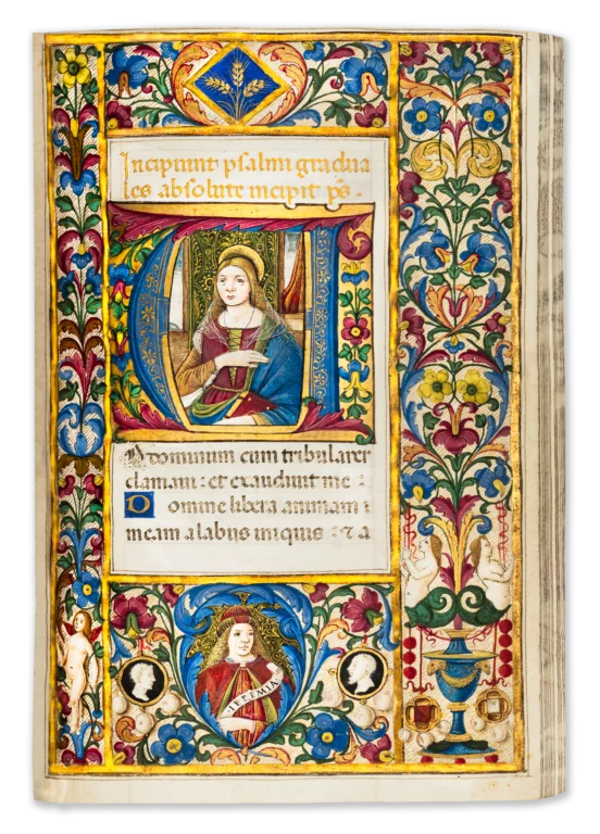 Illuminated renaissance manuscript page from the 16th century containing a miniature of a female saint with a book.