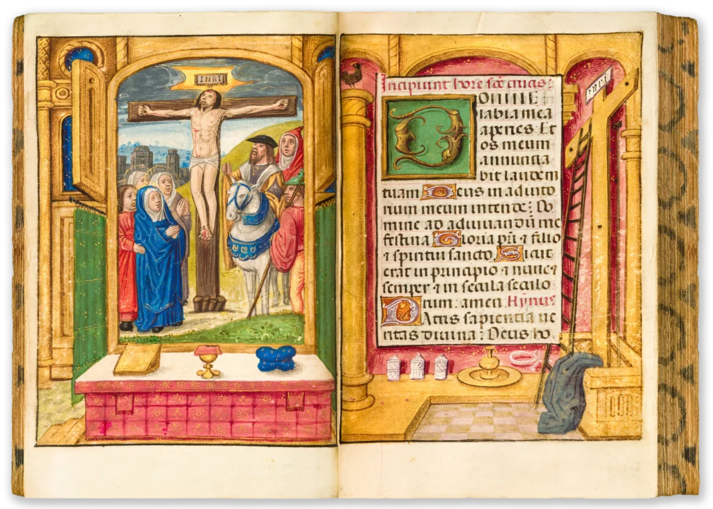 Flemish illuminated medieval manuscript pages depicting the Crucifixion surrounded by borders with depicting window shutters and an altar setting.