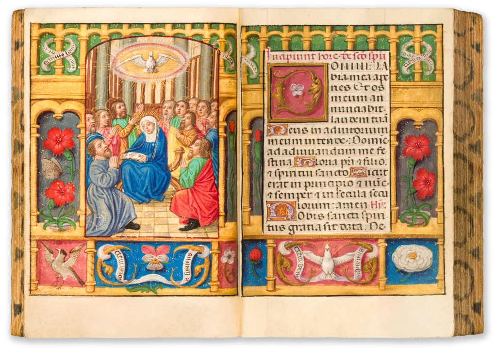 Flemish illuminated medieval manuscript opening with a miniature depicting the Pentecost.