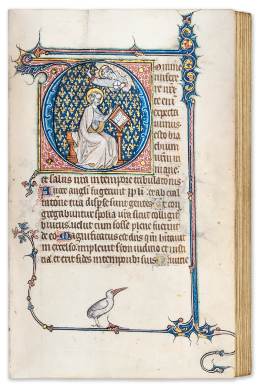 Illuminated medieval manuscript page from the 14th century with text and an illustration of the prophet Isaiah praying